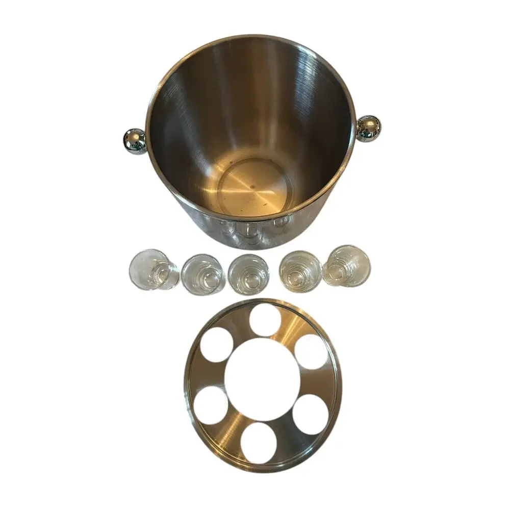Vintage Godinger Stainless Steel Vodka on Ice Bucket With Five Shot Glasses